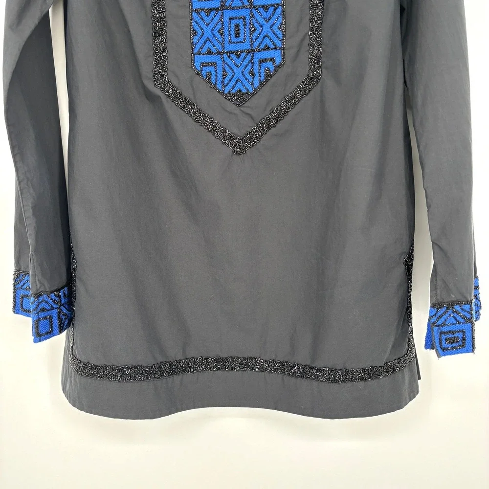 Tory Burch Cotton Tunic‎ Blue Black Embroidered Beaded Boho Top Size 6